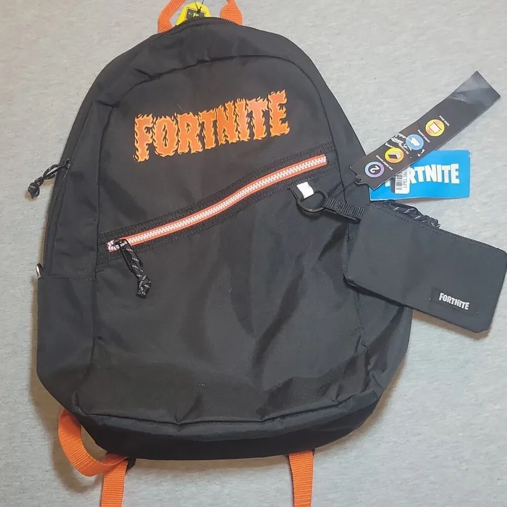 Fortnite Backpack w/ Matching Zip Pouch Black Orange Laptop Sleeve New With Tags